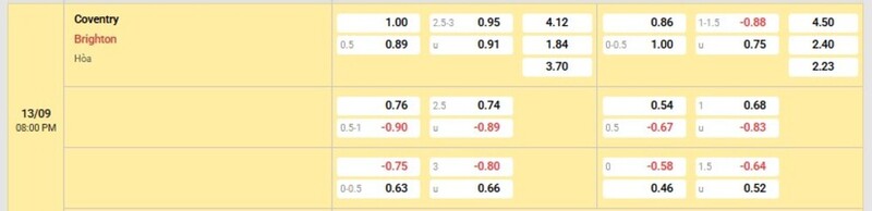 Bảng tỷ lệ kèo trận Coventry vs Brighton